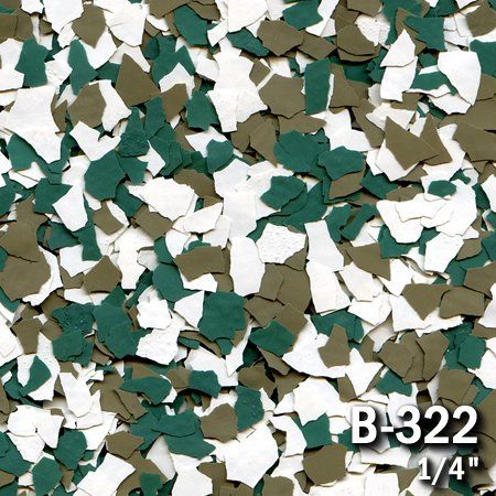 Decorative floor flakes in white, green, and brown, labeled B-322, size 1/4