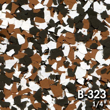 Speckled flooring pattern with brown, white, and black chips, labeled B-323, size 1/4