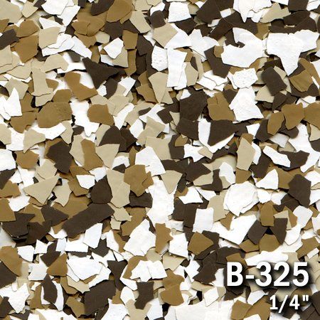 Chips of various brown, tan, and white colors; speckled coating for flooring, labeled 