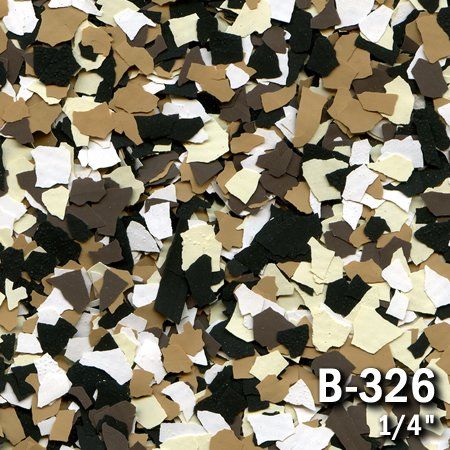 Close-up of multicolored floor flakes in black, tan, beige, and white, labeled 