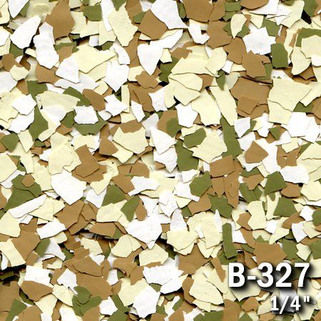 Camouflage-colored floor flakes in brown, green, and cream; product code B-327, 1/4