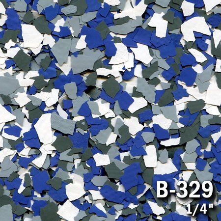 Blue, gray, and white decorative floor flakes, pattern B-329, 1/4 inch size.