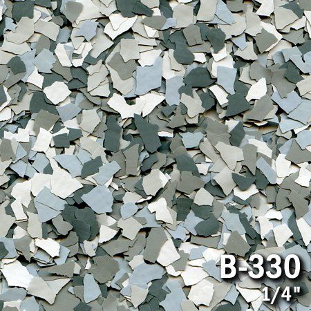 Decorative floor flakes in shades of gray, blue, and white; labeled B-330, 1/4 inch.