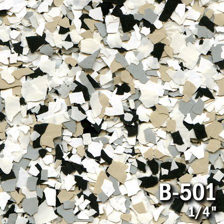 Multi-colored epoxy floor flakes: black, white, gray, and beige. B-501, 1/4