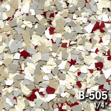 Floor coating flakes in shades of beige, gray, white and maroon. The size is 1/4 inch.