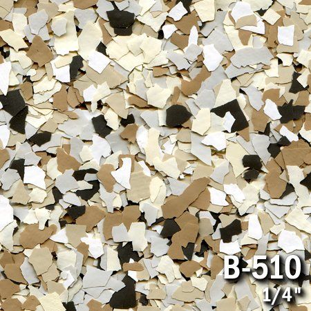 Tan, white, brown, and black decorative floor flakes, pattern B-510, 1/4 inch.