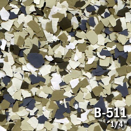 Speckled epoxy floor flakes in beige, olive, white, and dark gray, labeled 