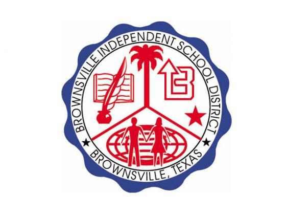 Brownsville Independent School District seal with text and symbols in red, white, and blue.