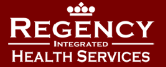 Regency Integrated Health Services logo on a dark red background, with a crown icon.