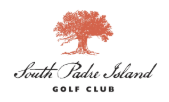 South Padre Island Golf Club logo with tree illustration in orange. Text in script font.