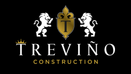 Logo for Treviño Construction: black background with gold and white accents. Features a crest, lions, and the name.