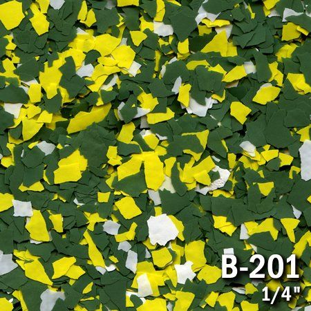 Green, yellow, and white decorative floor flakes, labeled B-201, 1/4 inch.