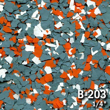 Flake chips in orange, gray, and white for flooring application. Marked B-203, 1/4 inch.