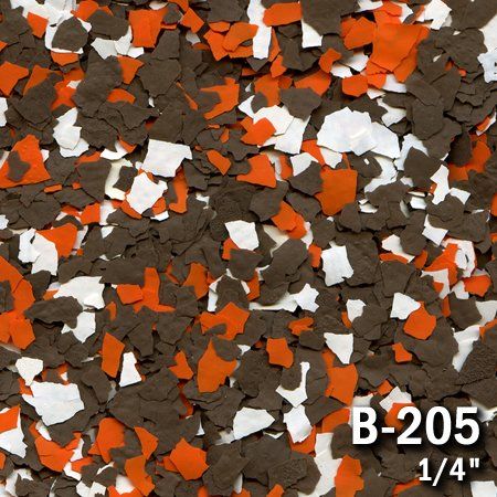 Chips of brown, orange, and white speckled material. Product code is B-205, 1/4 inch.