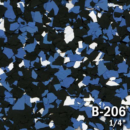 Garage floor coating sample with blue, black, and white chips; labeled 