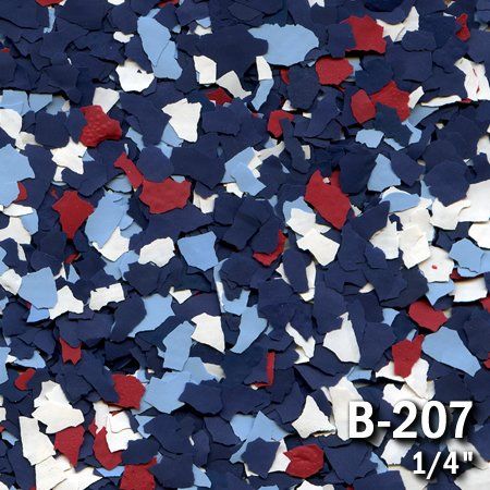 Close-up of blue, red, white decorative chips for epoxy flooring, labeled B-207, 1/4