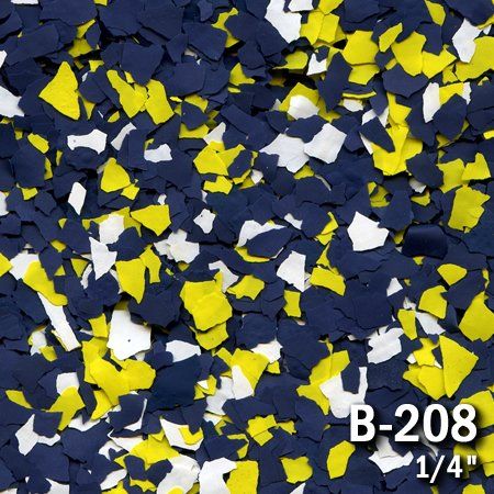 Blue, yellow, and white decorative floor chips, labeled B-208, 1/4 inch.