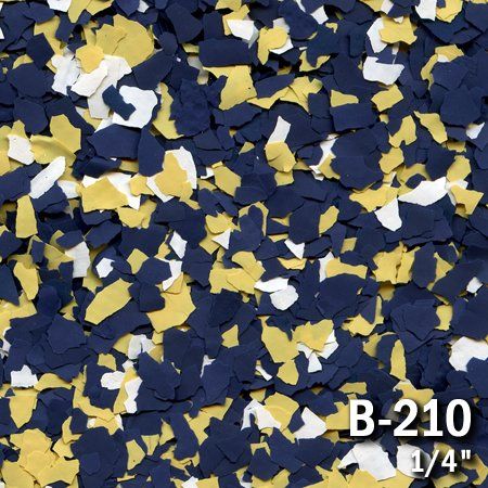 Speckled epoxy floor chips in navy, yellow, and white, labeled 
