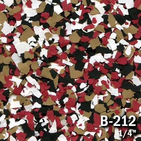 Multi-colored epoxy flake pattern with red, black, white, and tan pieces.