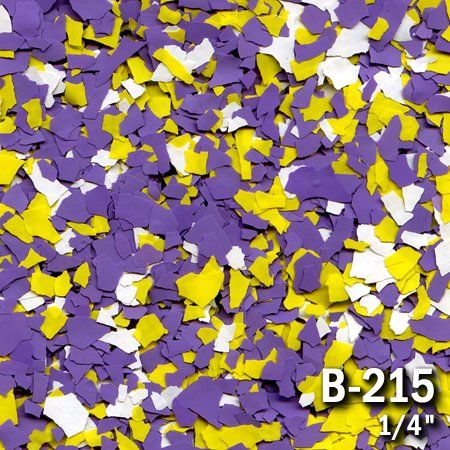 Scattered flakes of purple, yellow, and white, likely for epoxy floor coating; B-215, ¼ inch size.