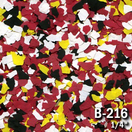 Chips of red, white, yellow, and black epoxy flakes. Labeled 
