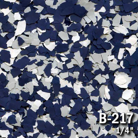 Floor coating flakes, B-217, in navy blue, light gray, and white.