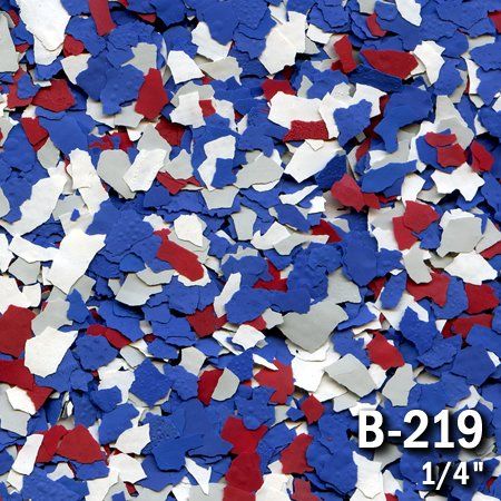 Scattered chips in patriotic colors: blue, red, white, and gray. Text 
