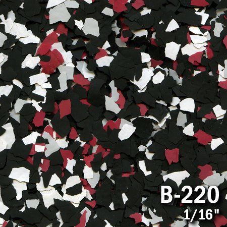 Black, red, white, and gray speckled floor coating, labeled B-220 1/16