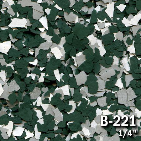 Decorative floor chips in dark green, gray, and white. 