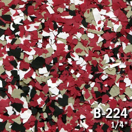 Multi-colored floor flakes in red, white, black, and tan labeled 
