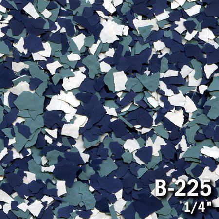 Floor coating flakes in blue, green, and white.  Label: B-225, 1/4 inch.