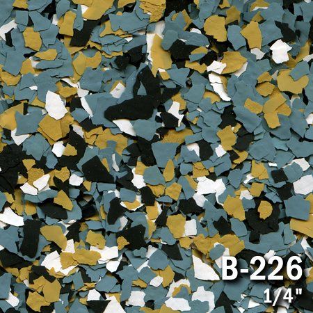 Textured floor coating with blue, black, yellow, and white chips. 