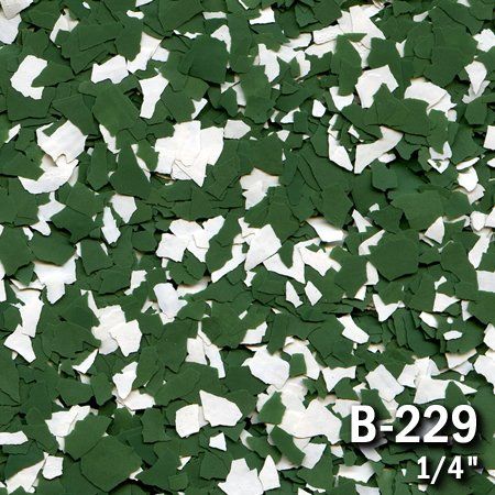 Green and white decorative epoxy flakes, labeled B-229, size 1/4