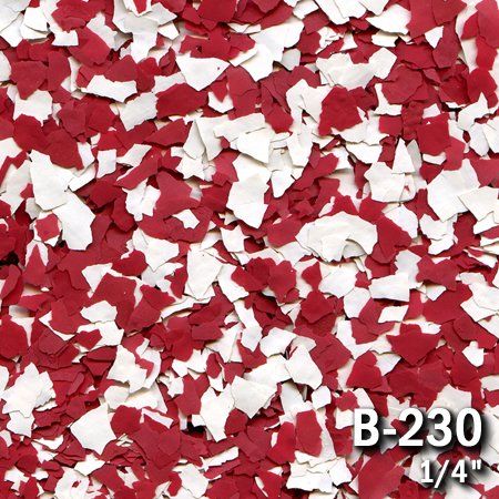 Red and white decorative floor flakes labeled 