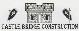 Logo for Castle Bridge Construction, featuring a castle gate, swords, and shields.