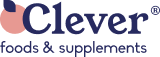 Logo for Clever foods & supplements, navy blue text, peach-colored fruit icon.