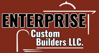 Enterprise Custom Builders LLC logo on a brown background. Black text with white outlines; a stylized house graphic.