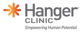 Hanger Clinic logo: Orange and yellow sunburst symbol, gray text