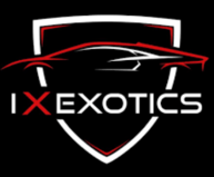 Logo of IX Exotics, featuring a red and white car outline inside a white and red-edged shield on a black background.