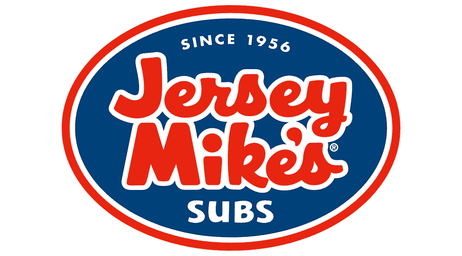 Jersey Mike's Subs logo: Red and white text on blue oval with red border,