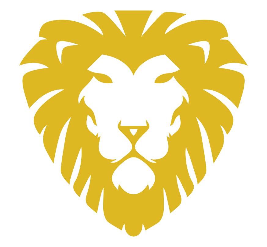 Gold lion's head emblem, centered with a triangular shape, showing the face of a lion.