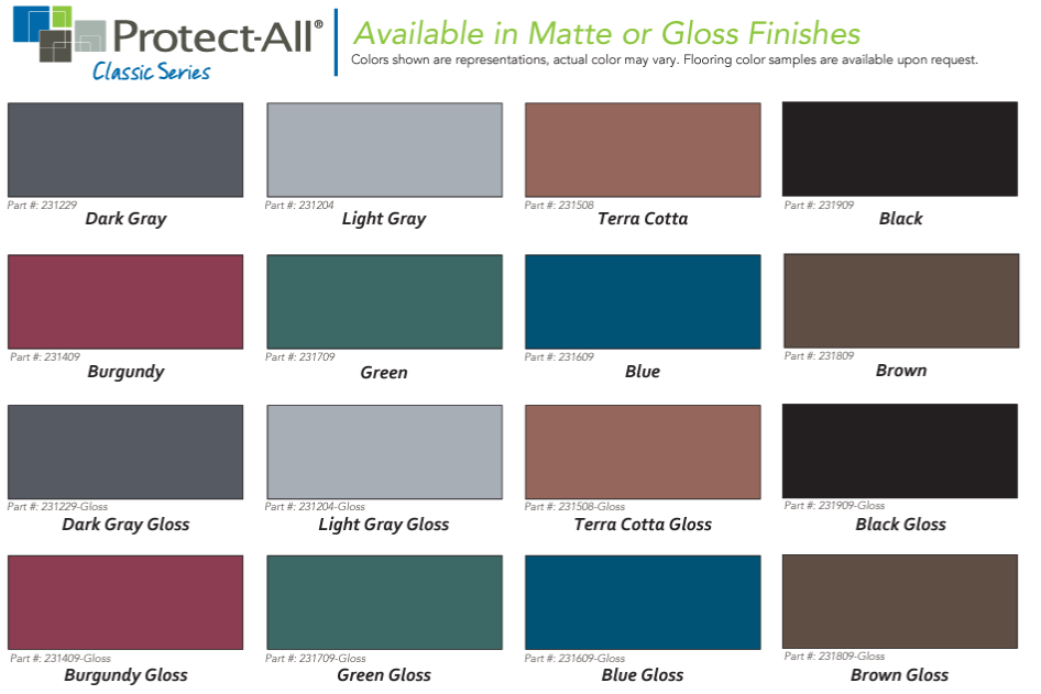 Color chart of Protect-All Classic Series finishes, including matte and gloss options in various shades like gray, brown, and blue.