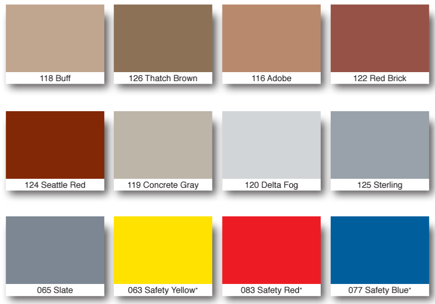 Color swatches of paint in various shades, including brown, red, gray, yellow, and blue.