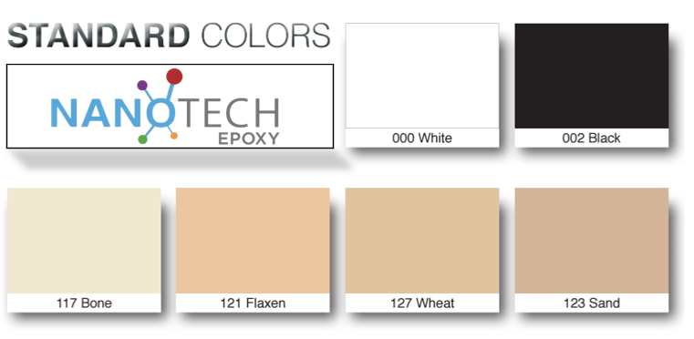 Color swatches for NanoTech Epoxy. Colors include white, black, bone, flaxen, wheat, and sand.