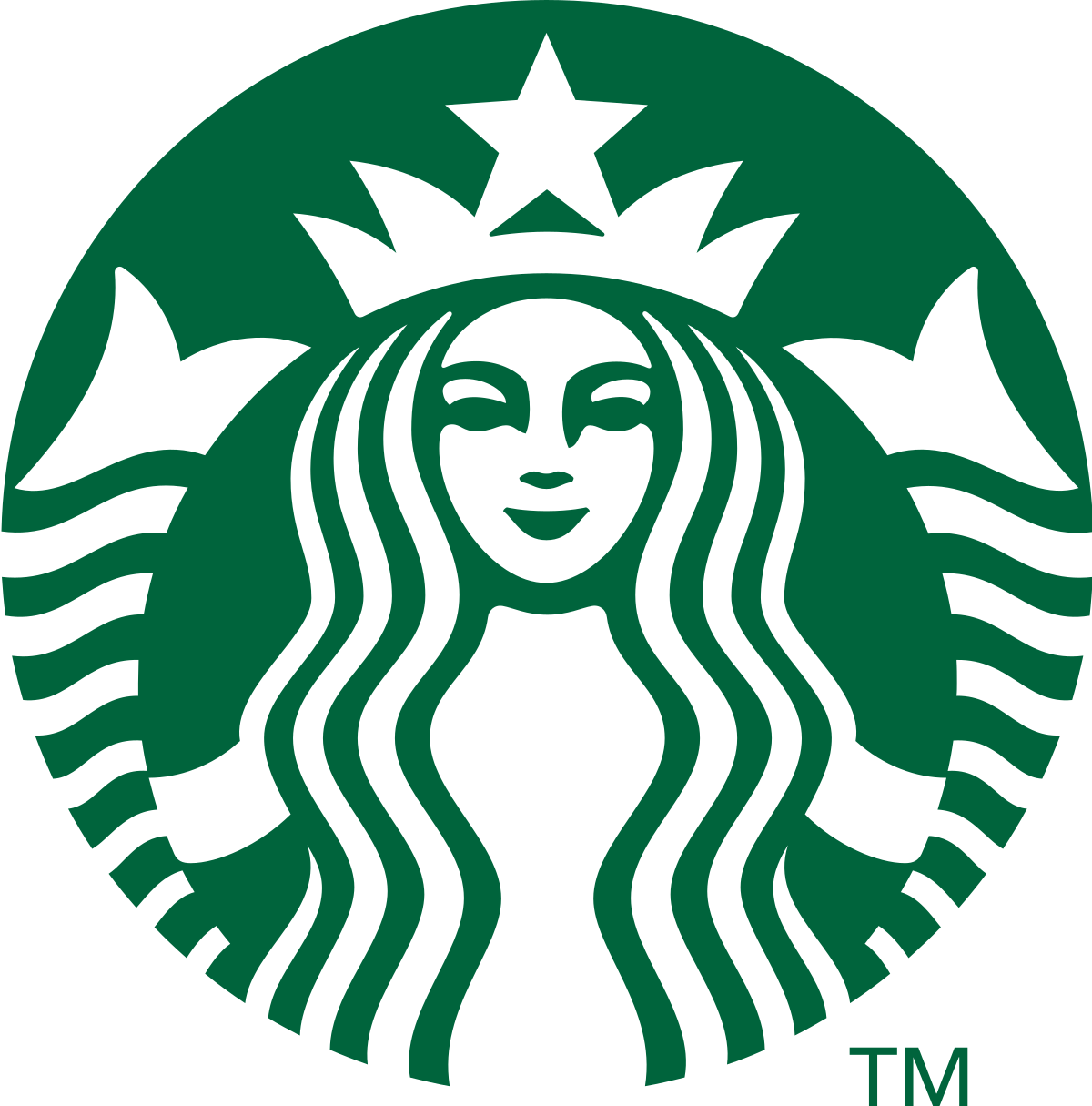 Starbucks logo: Green siren with crown and star, in a circular frame.