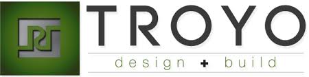 Logo for Troyo design and build. Green square with design and the word Troyo and