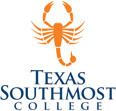 Orange scorpion logo above the words Texas Southmost College in navy blue.