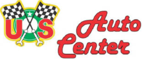 Logo for US Auto Center with checkered flags and text in red.
