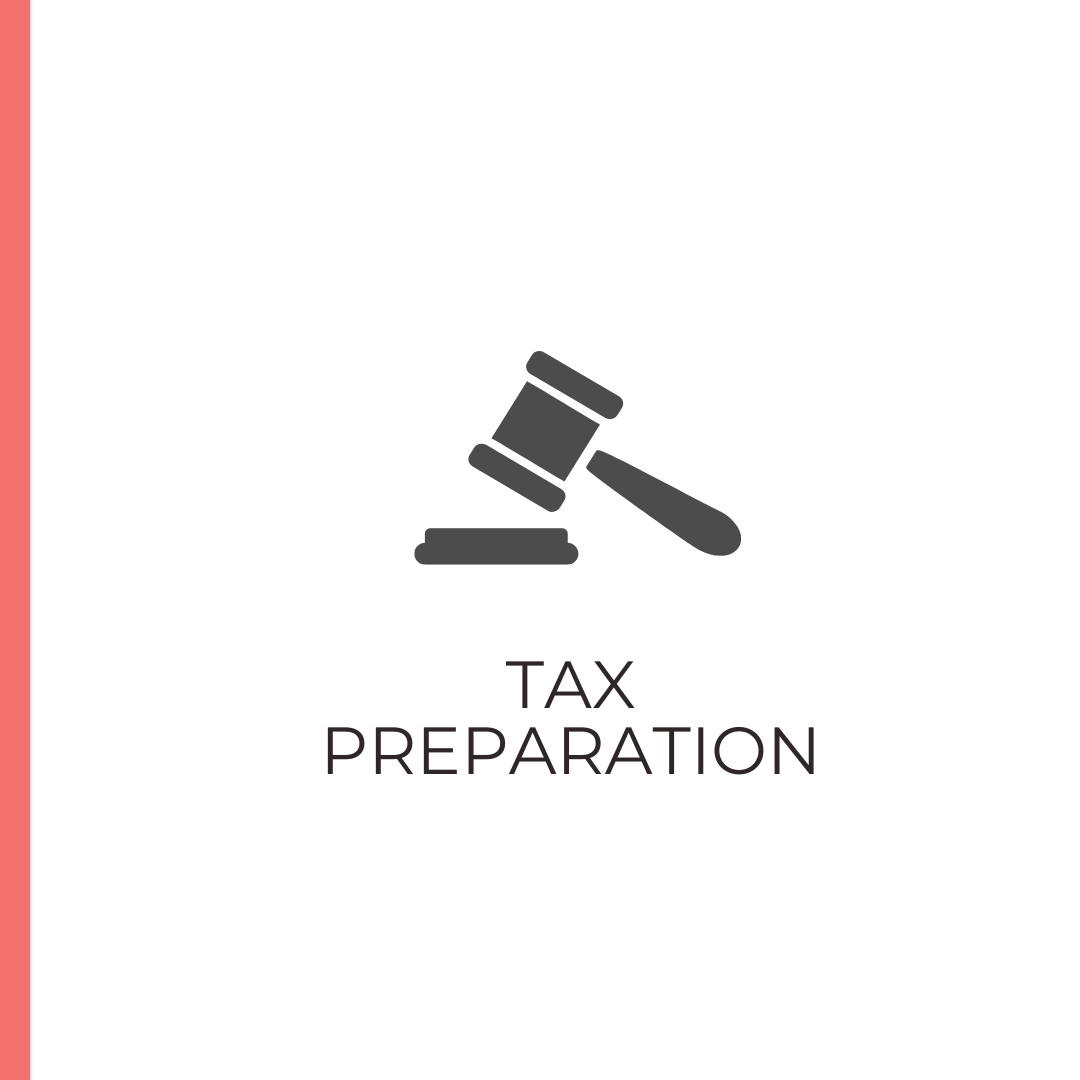 An icon of a judge 's gavel with the words `` tax preparation '' below it.