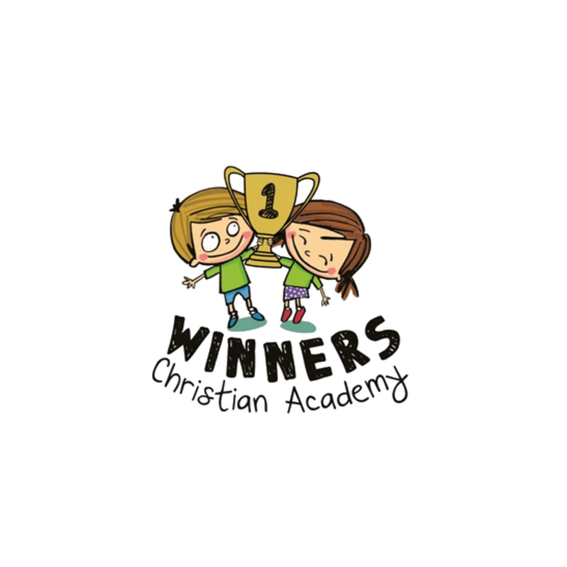 The logo for winners christian academy shows a boy and a girl holding a trophy.